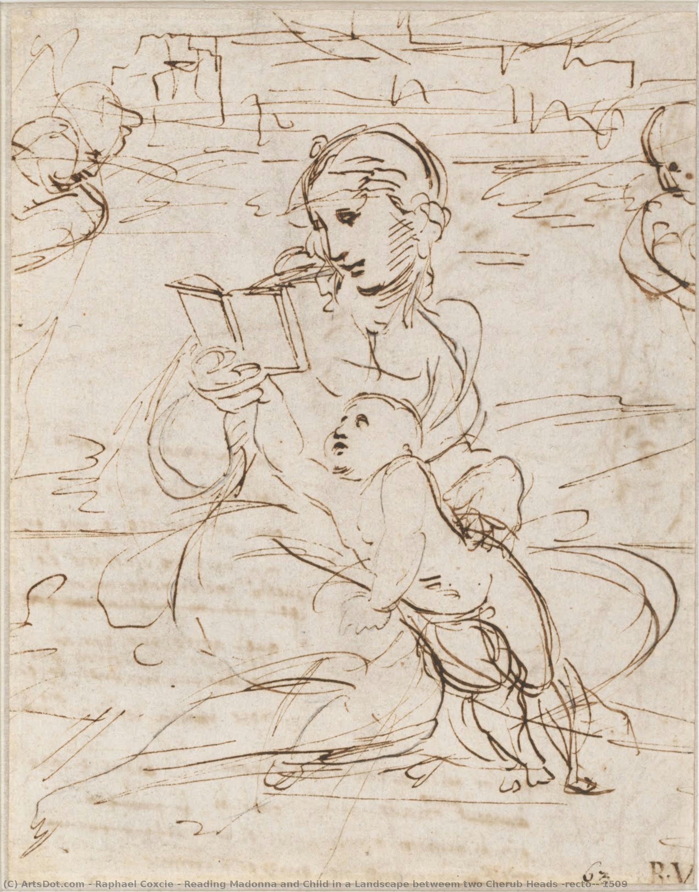 Madonna Con Niño Leyendo En Un Paisaje Entre Dos Cabezas De Querubines (recto), 1509 — Rafael Coxcie