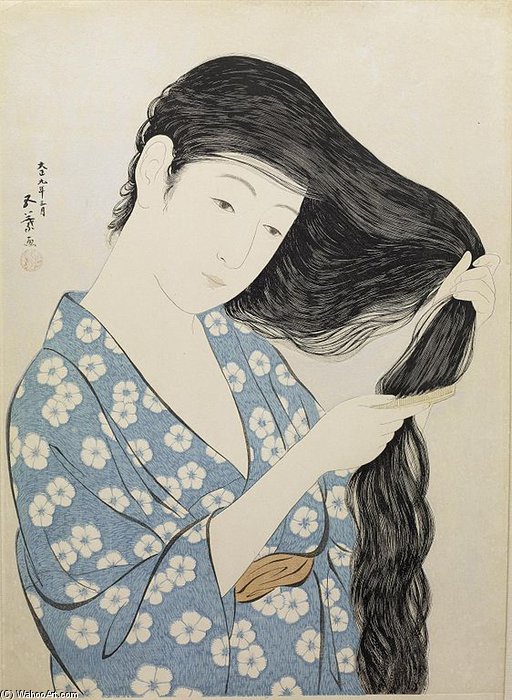 Woman In Blue Combing Her Hair — Goyō Hashiguchi
