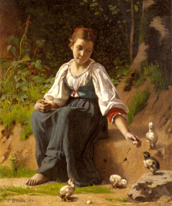 A Young Girl Feeding Baby Chicks — Francois Alfred Delobbe