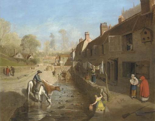 Figures By A Village Stream With Figures By Terraced Houses — James Francis Danby