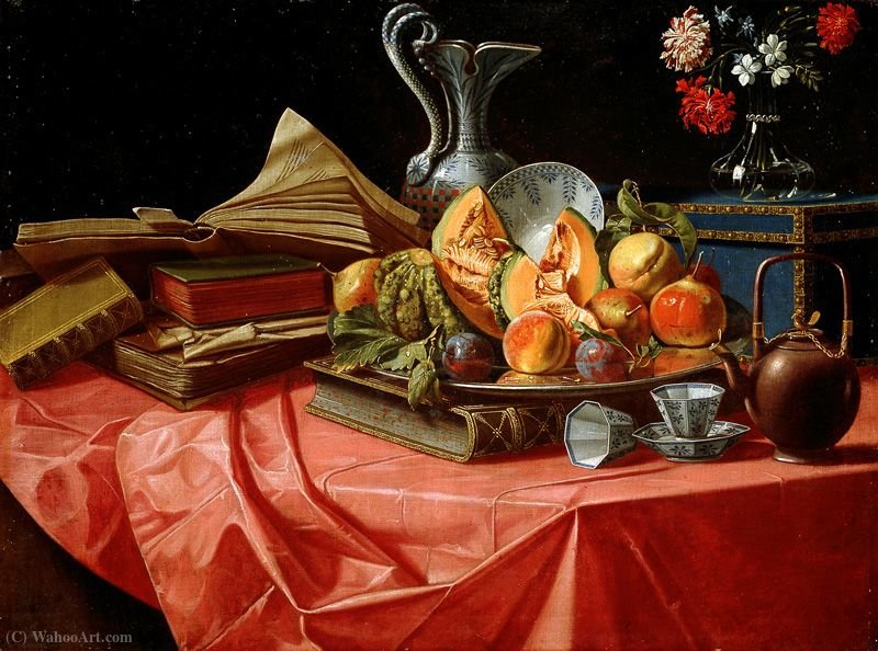 Books, Chinese Porcelain, Fruit Tray, Trunk, Flower Pot And Teapot On Table Covered With Red Cloth — Cristoforo Munari