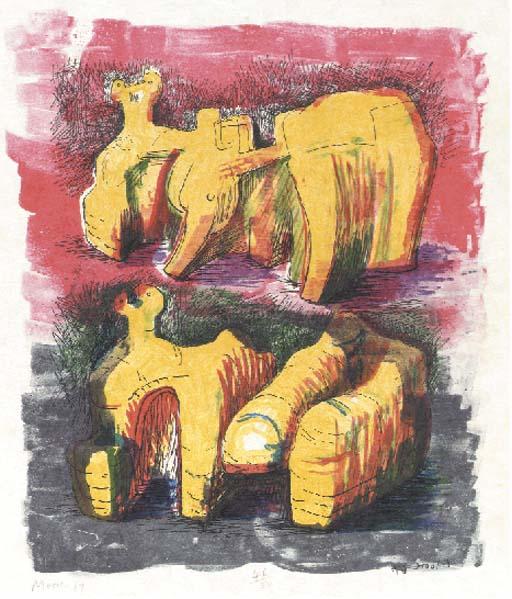 Two Reclining Figures In Yellow And Red — Генри Мур