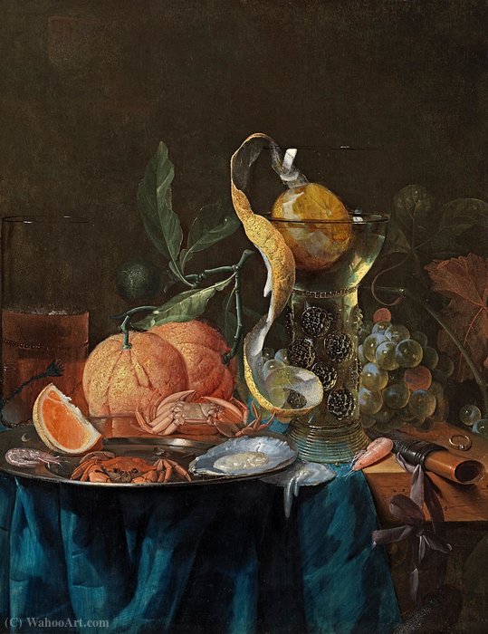 A Still Life Of Oranges, Grapes, A Rummer Of Wine, A Kometenglas Of Ale, A Crab And An Oyster On A Pewter Dish Set On A Tabletop Covered With A Blue Cloth — Pieter De Ring