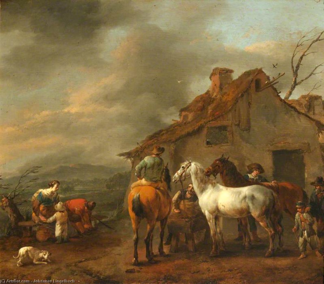A Group Of Figures And Horses With A Cottage In The Background — Johannes Lingelbach