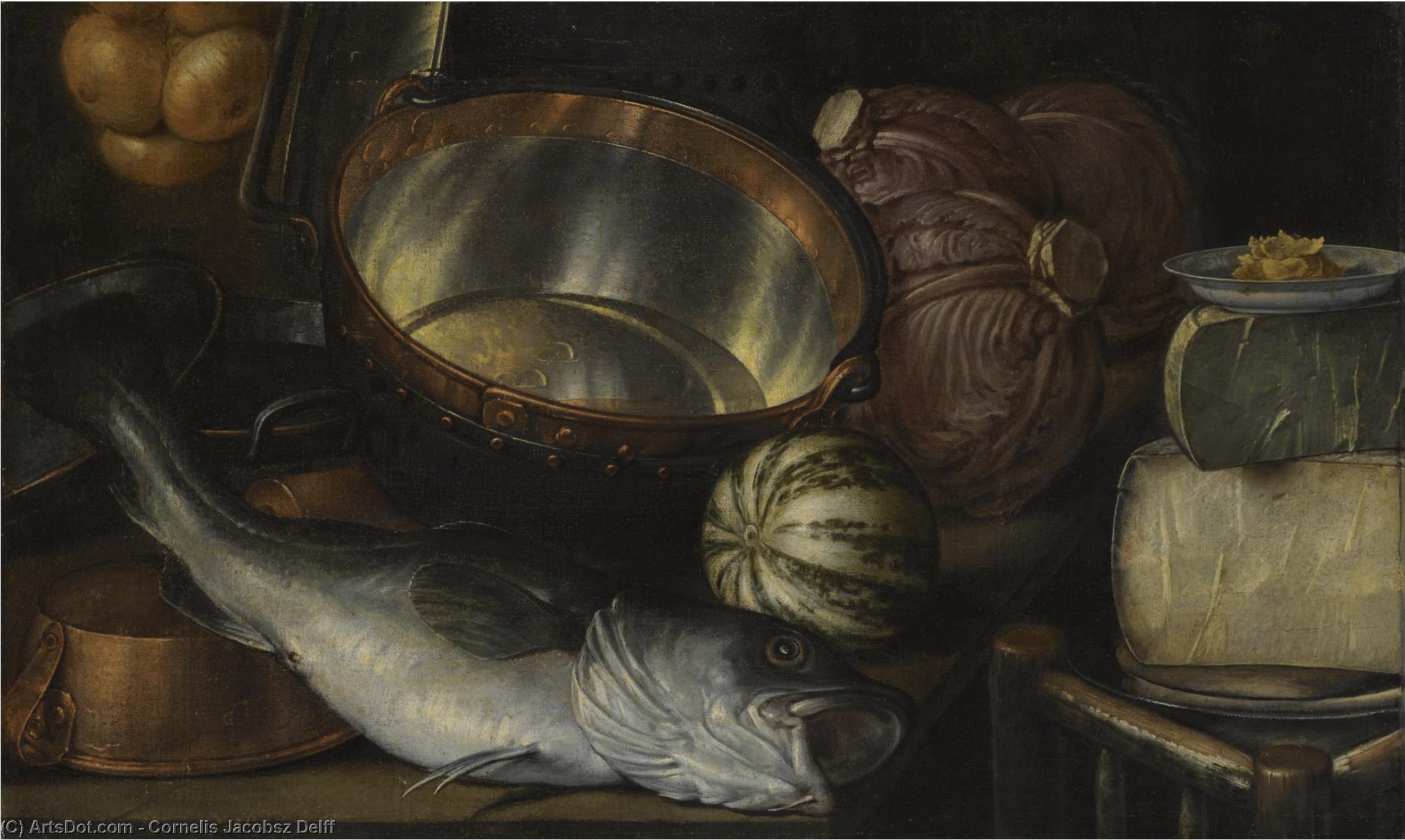 A Still Life With A Fish, Onions, Cabbage, Cheese And Copper Pots — Cornelis Jacobsz Delff