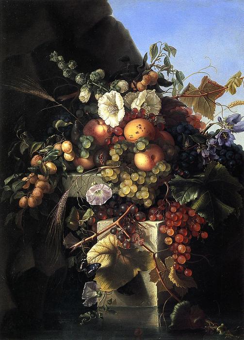 Still Life With Grapes, Peaches, Flowers And A Butterfly — Adelheid Dietrich