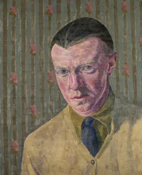 Portrait Of A Man Wearing Green Shirt And Tie Against Striped Wall (dickie) — Robert Polhill Bevan
