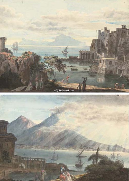 The Sun Breaking Through The Clouds Over The Bay Of Naples; And Figures On The Waterfront At Naples — Harriet Cheney