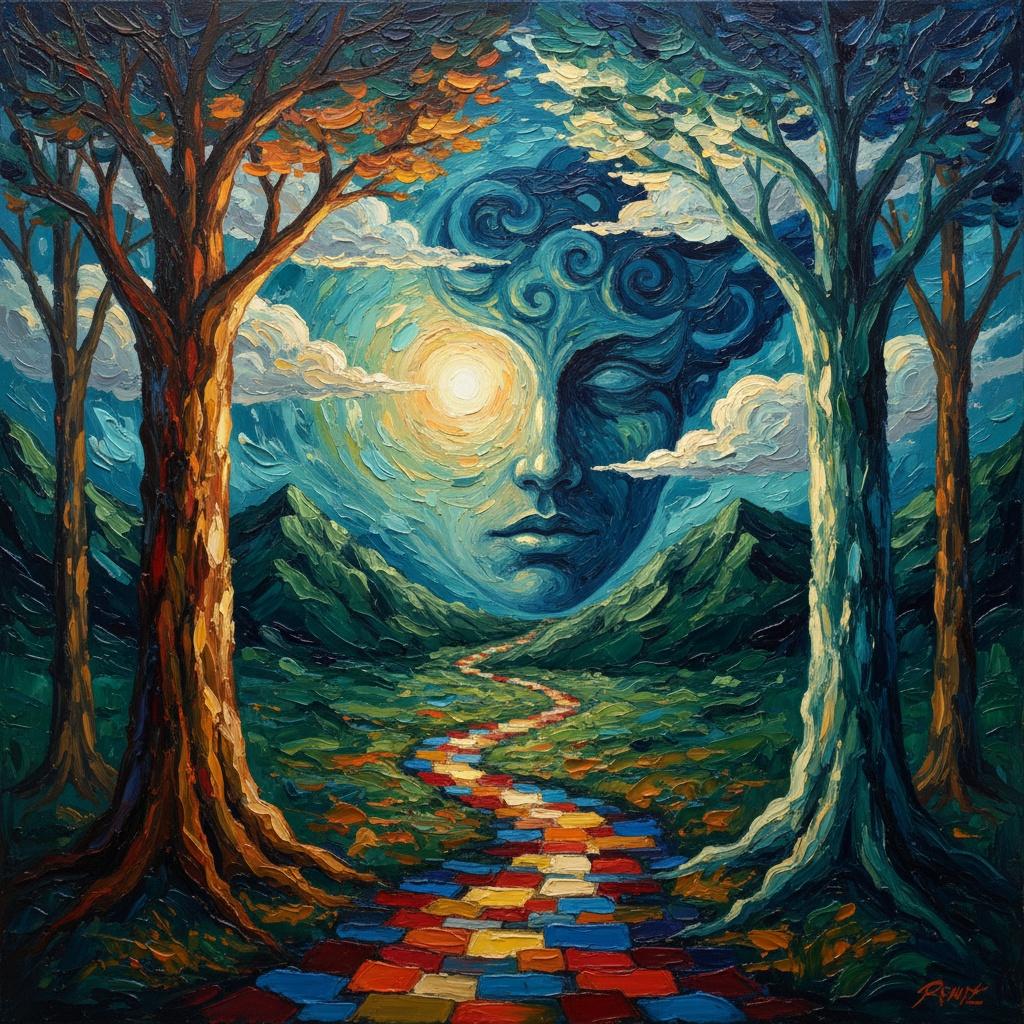 Celestial Visage Amidst Swirling Azure Mists And Golden Mosaic Pathways — Christian Noiret