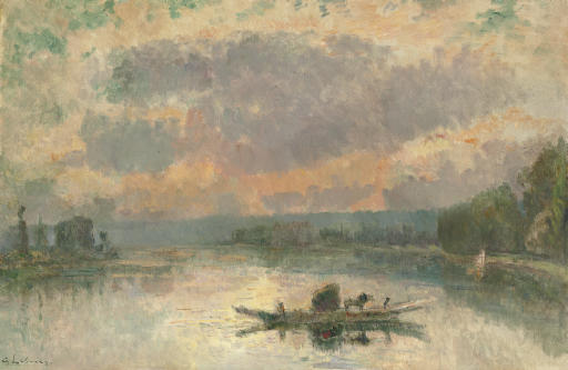 Le Bac À La Bouille, Au Coucher Du Soleil — Albert-charles Lebourg