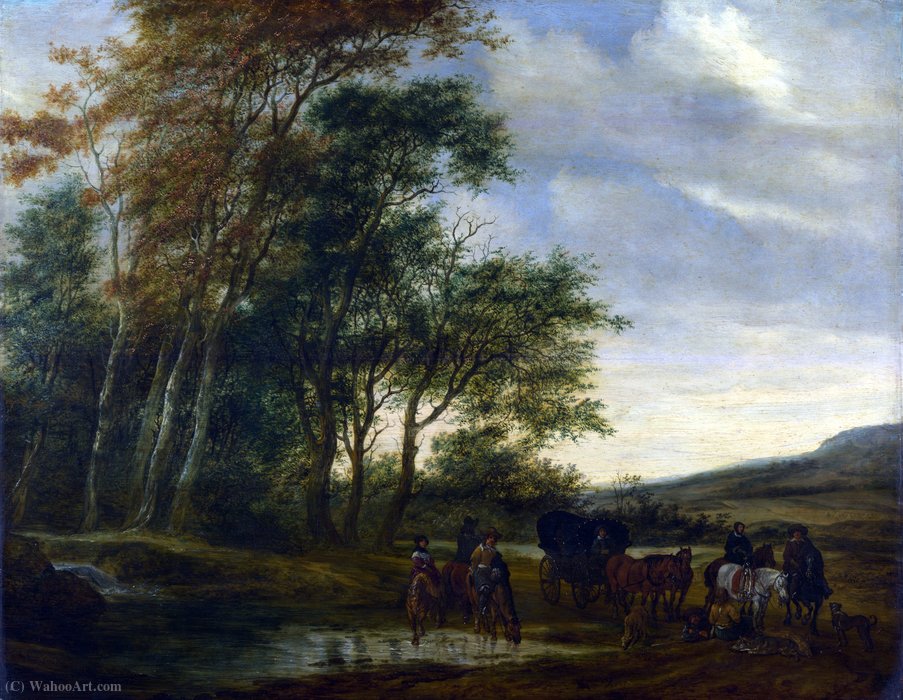 A Landscape With A Carriage And Horsemen At A Pool — Salomon Van Ruysdael
