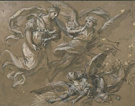 Two Angels And A Saint Carried By Angels — Luca Giordano