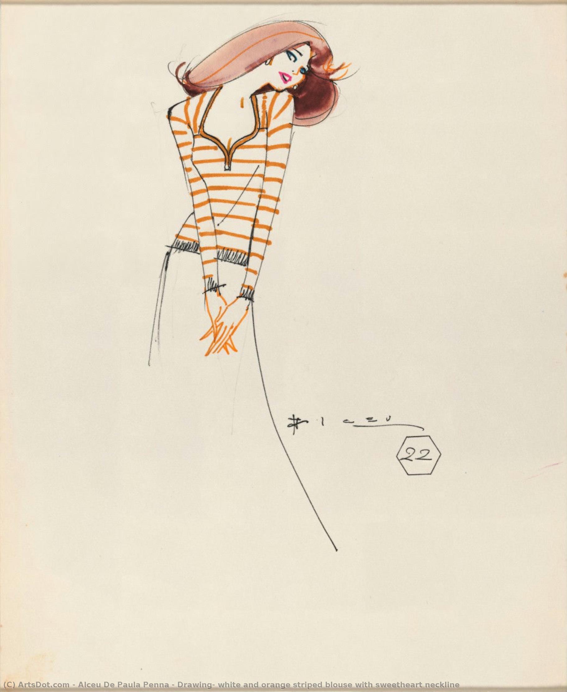 Drawing, White And Orange Striped Blouse With Sweetheart Neckline — Alceu De Paula Penna