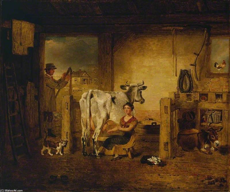 Interior Of A Barn With A Milkmaid And Farm Labourer — Benjamin Marshall