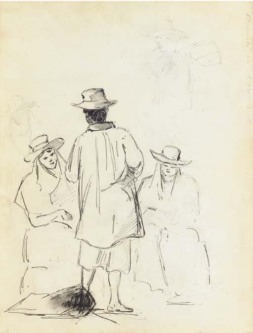 Two Seated Women Conversing With A Man Seen From Behind, With A Study Of A Man — Camille Pissarro