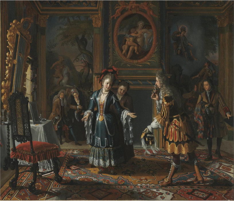 A Sumptuous Interior With An Elegantly Dressed Gentleman Paying Court To A Lady — Matthijs Naiveu