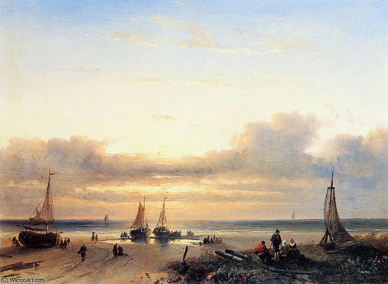Moored Fisherboats On A Beach Sun — Charles Henri Joseph Leickert