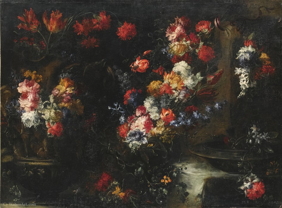 An Ornate Still Life With Flowers In Vases On A Stone Ledge — Margherita Caffi
