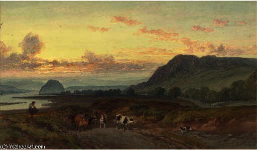 A Drover With His Cattle By The Clyde, Dumbarton Rock Beyond — William Leighton Leitch
