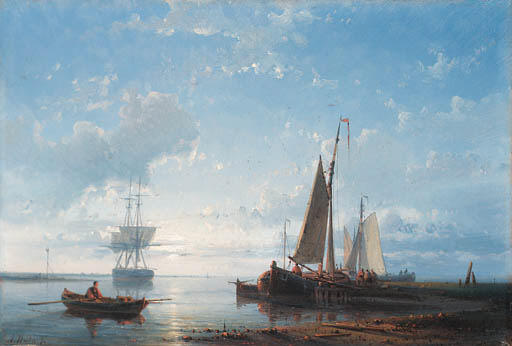 Fishing Vessels In A Calm Estuary At Dusk — Abraham Hulk Senior