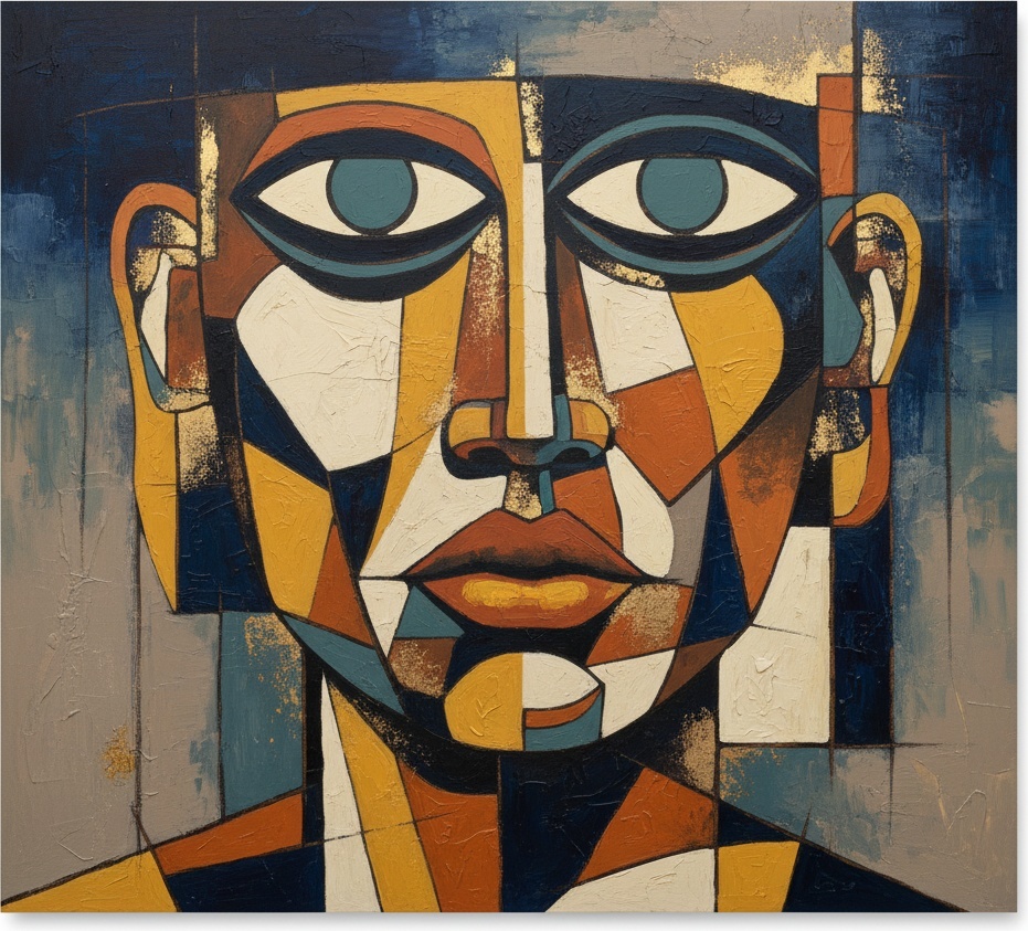 Fragmentierte Seele In Ocker Und Marineblau: Eine Monumentale Geometrische Porträtstudie — Christian Noiret