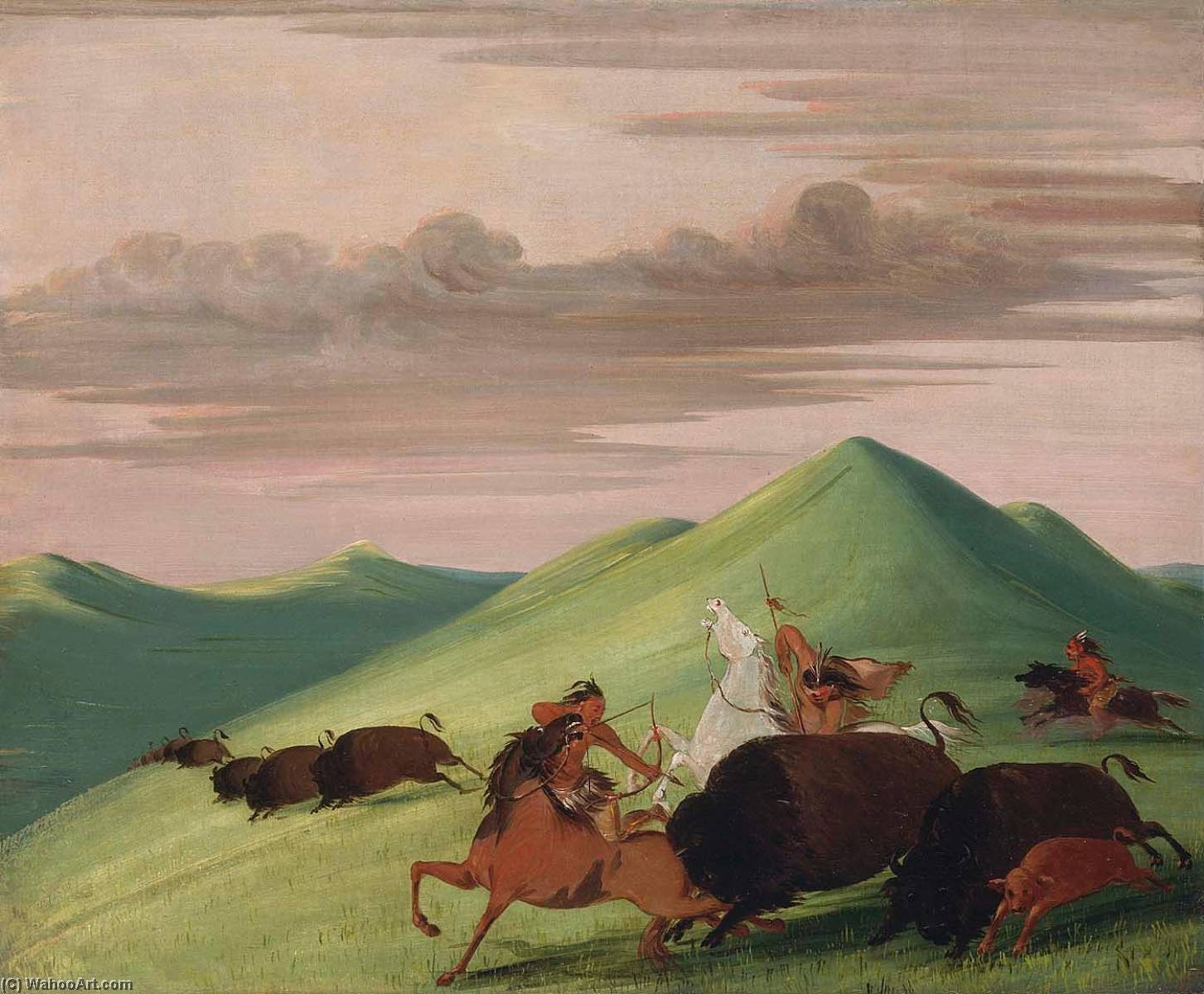 Buffalo Chase, Bull Protecting A Cow And Calf — George Catlin