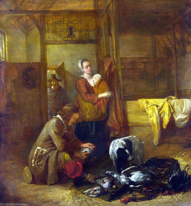 A Man With Dead Birds, And Other Figures, In A Stable — Pieter De Hooch