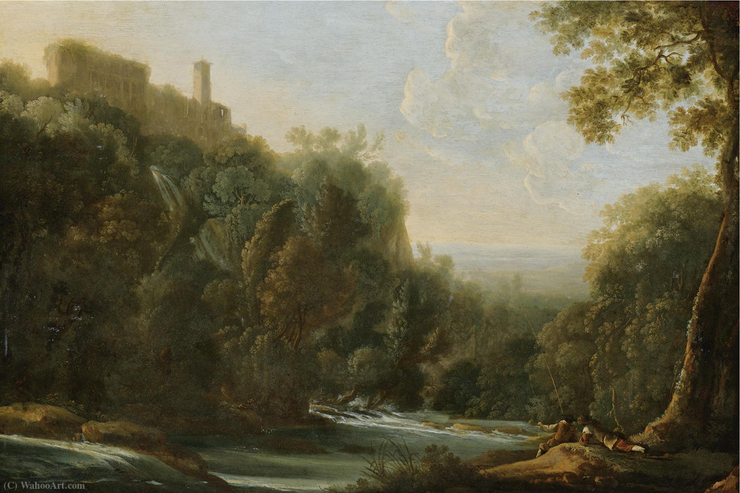 Italian Landscape With Two Fishermen, The Falls Of Tivoli Beyond — Herman Van Swanevelt