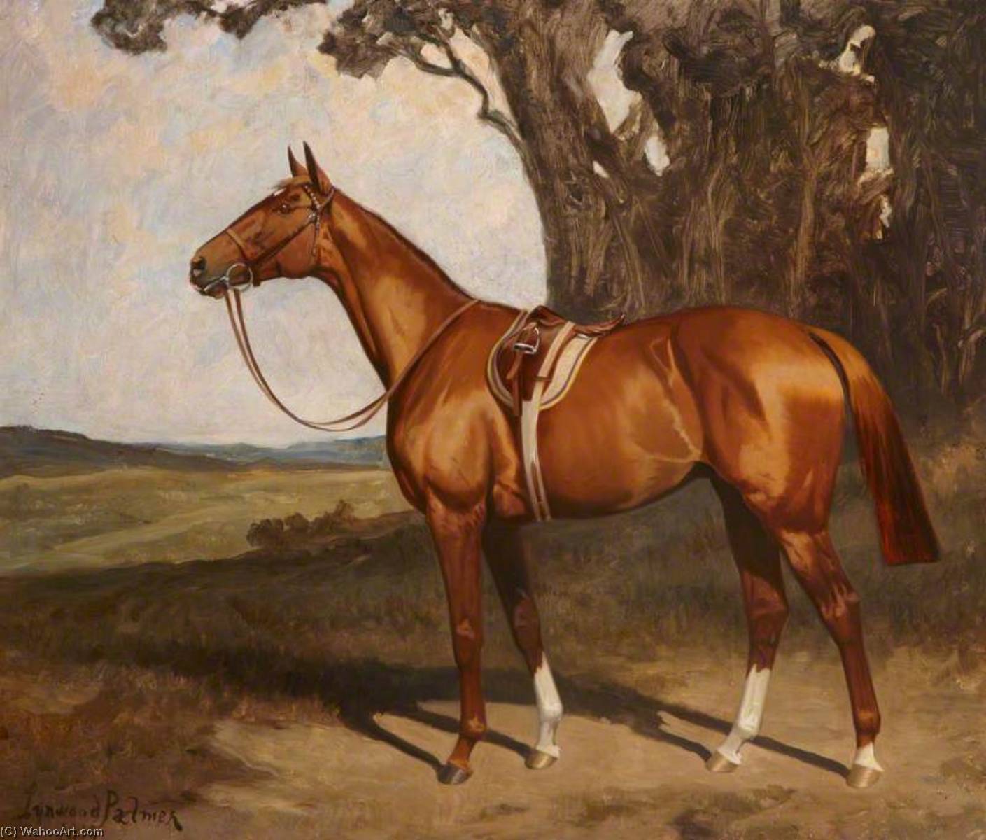 'benevente', A Saddled Chestnut Racehorse In A Landscape — James Lynwood Palmer