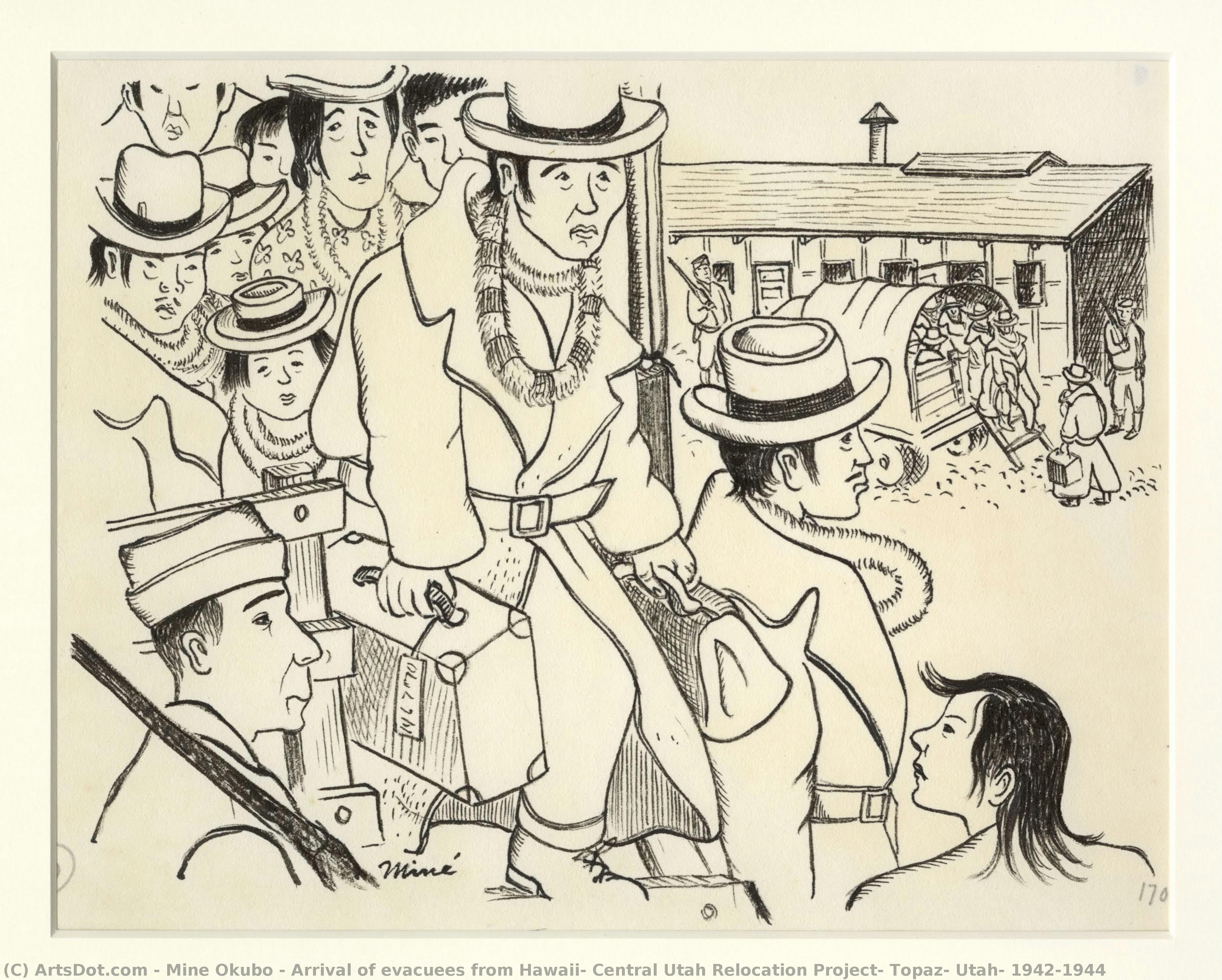 Arrival Of Evacuees From Hawaii, Central Utah Relocation Project, Topaz, Utah, 1942-1944 — Miné Okubo