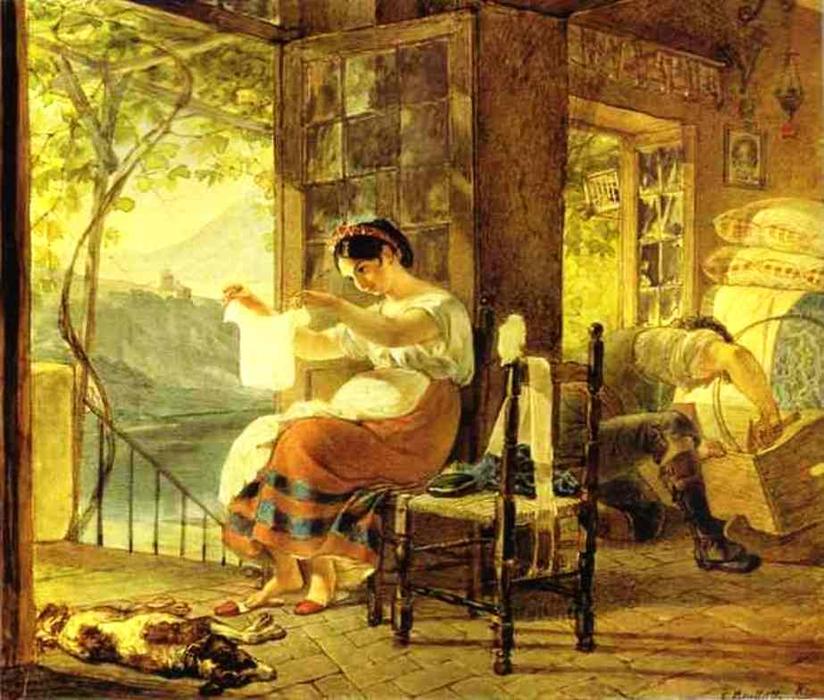 Italian Woman Heavy With A Child Examining A Shirt And Her Husband Making A Cradle — Karl Pavlovich Brulloff