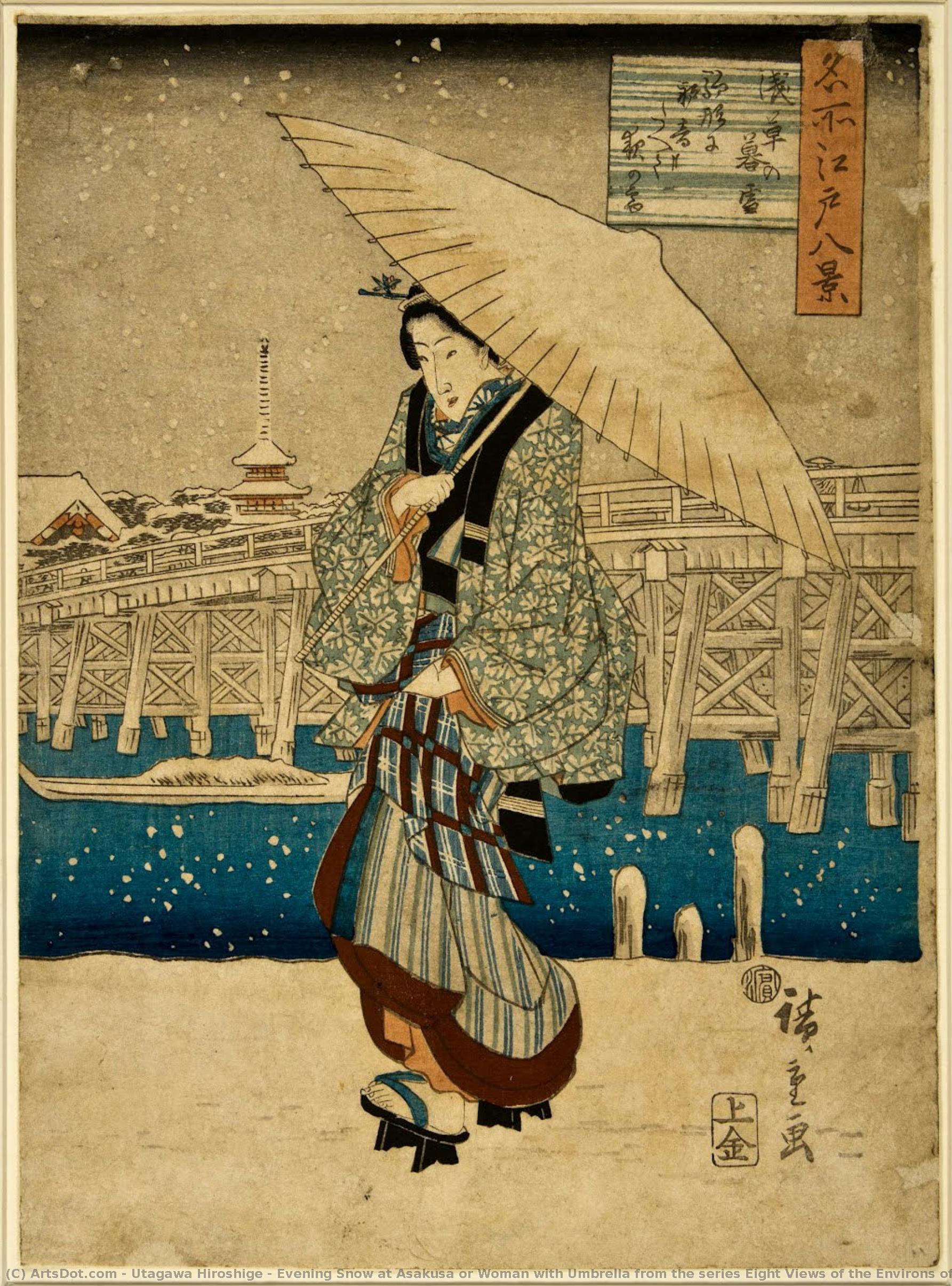 Nieve Vespertina En Asakusa O Mujer Con Paraguas De La Serie Ocho Vistas De Los Alrededores De Edo — Utagawa Hiroshige