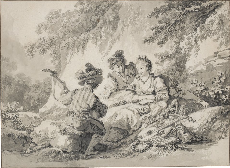 Zwei Männer Und Eine Dame Beim Musizieren In Einer Bukolischen Landschaft — Jean-baptiste Le Prince