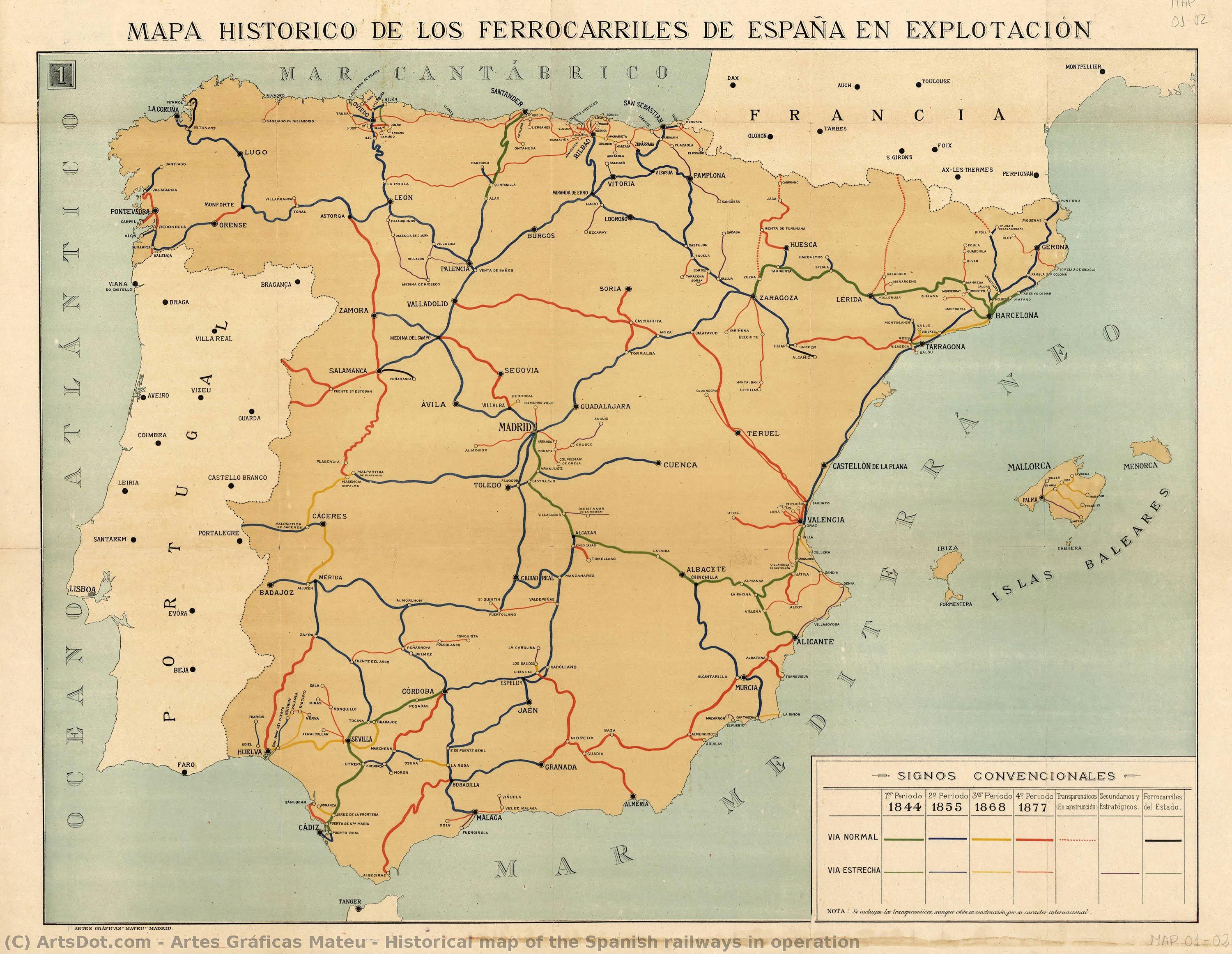 Historical Map Of The Spanish Railways In Operation — Artes Gráficas Mateu