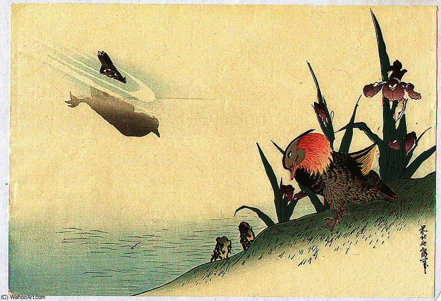 Two Birds And Iris — Кацусика Хокусай