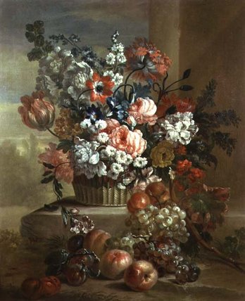 Still Life Of A Basket Of Flowers And Fruit — Pieter Casteels