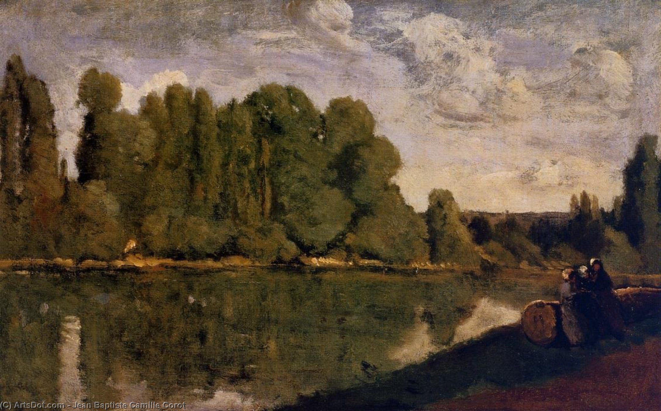 The Rhone - Three Women On The Riverbank Seated On A Tree Trunk — Jean-baptiste-camille Corot