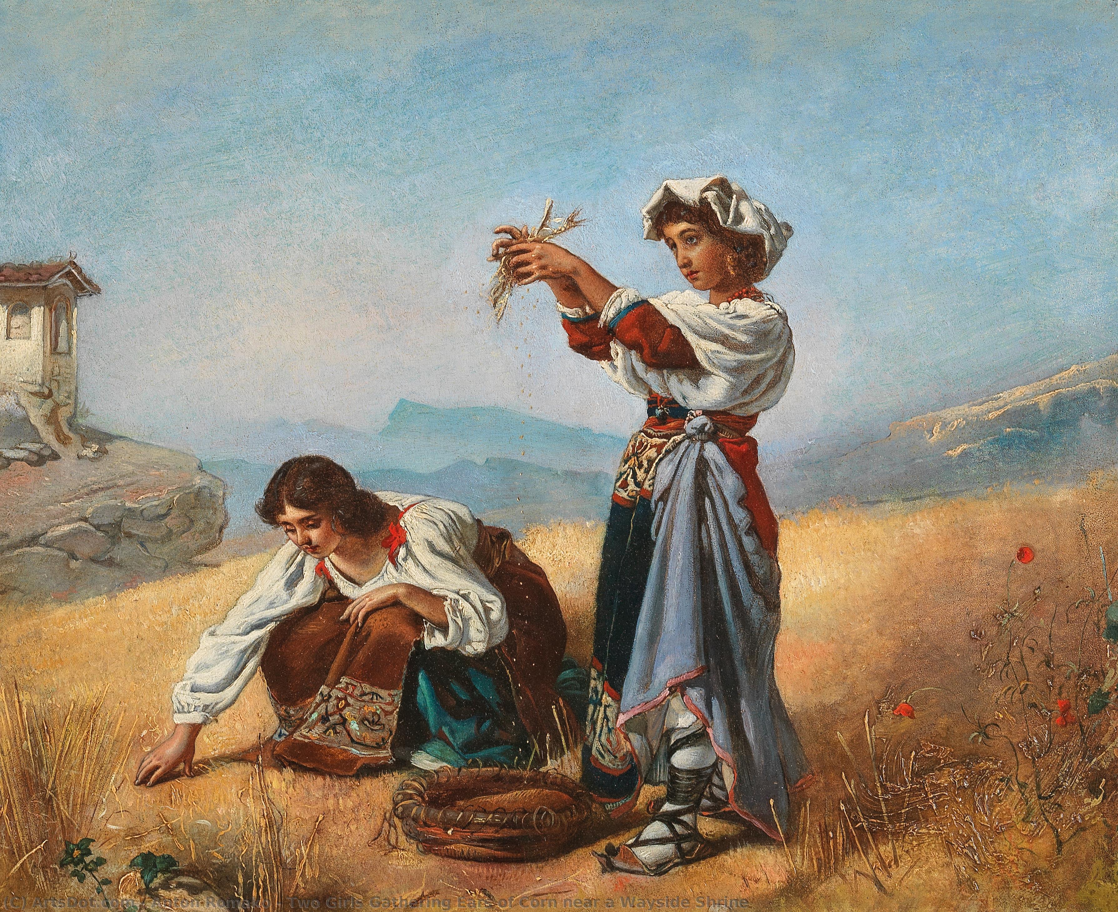 Two Girls Gathering Ears Of Corn Near A Wayside Shrine — Anton Romako