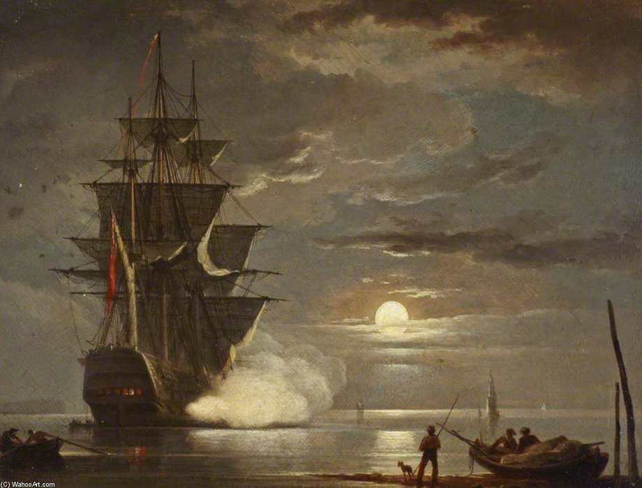 A Ship Firing A Gun By Moonlight — Francis Swaine