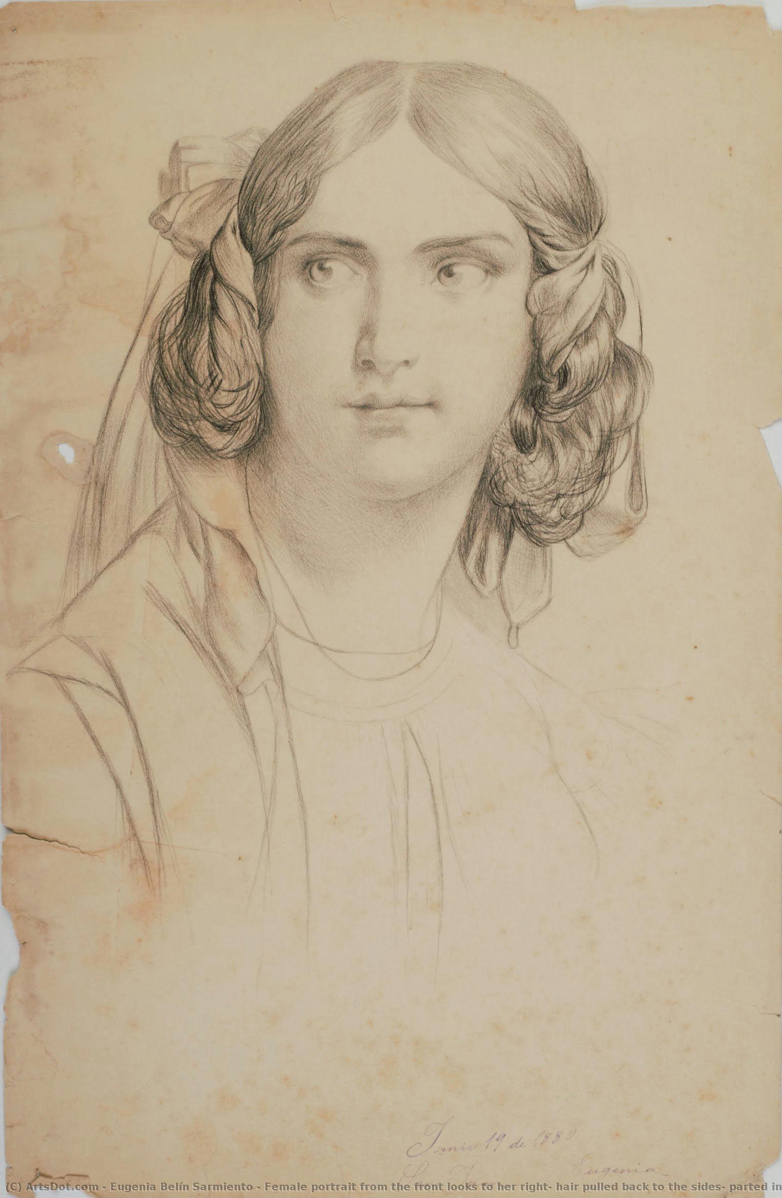Female Portrait From The Front Looks To Her Right, Hair Pulled Back To The Sides, Parted In The Middle And A Bun At The Back. Below Signature, Place And Date — Eugenia Belín Sarmiento