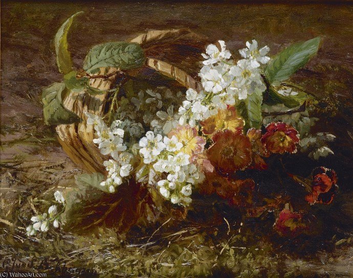 Still Life Of Cherryblossem And Primrose — Geraldine Van De Sande Bakhuyzen