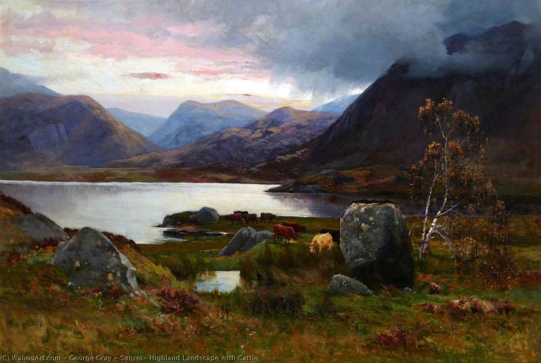 Sunset, Highland Landscape With Cattle — George Gray