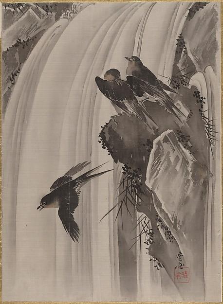 滝に燕図 Swallows By A Waterfall — Kawanabe Kyōsai