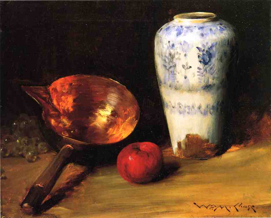 Still Liife With China Vase, Copper Pot, An Apple And A Bunch Of Grapes — William Merritt Chase