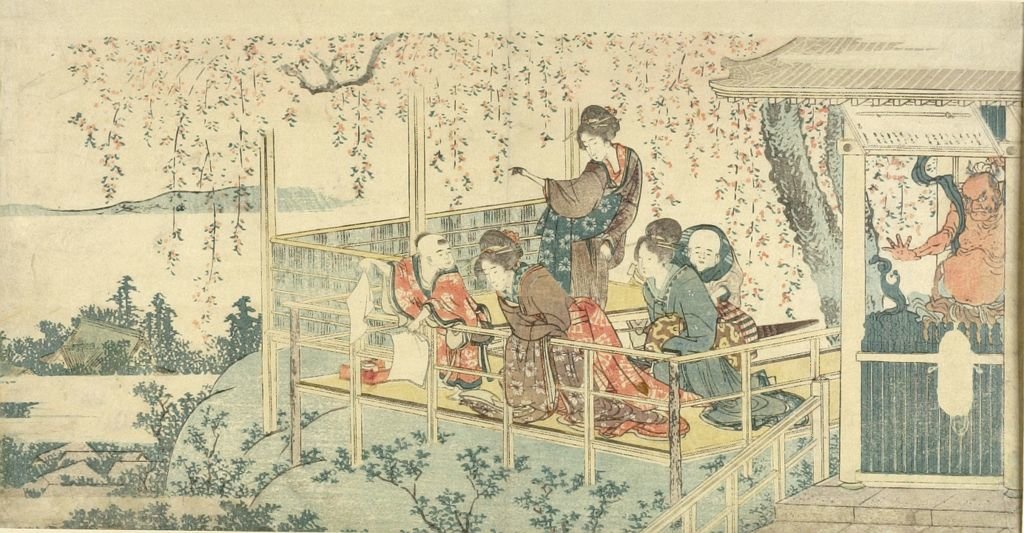 Three Women And Two Children On Balcony — Katsushika Hokusai
