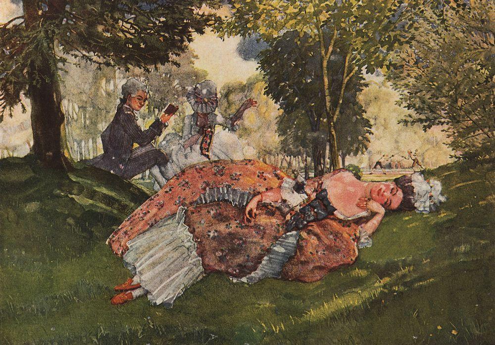Asleep On The Grass Young Woman — Konstantin Andreevic Somov