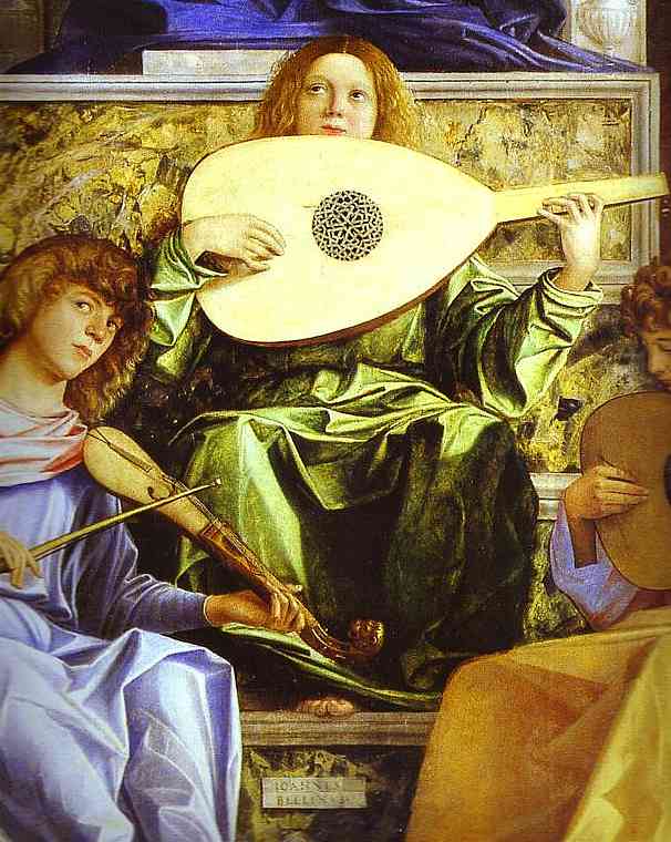 Madonna And Child, Three Musical Angels, And Ss. Francis, John The Baptist, Job, Dominic, Sebastian — Giovanni Bellini