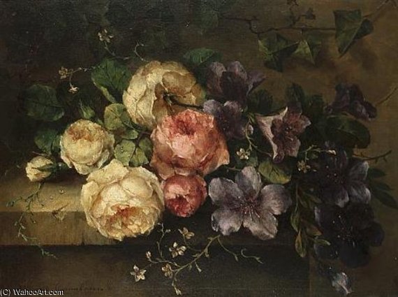 Still Life Of Roses And Convolvulus On A Stone Ledge — Margaretha Roosenboom