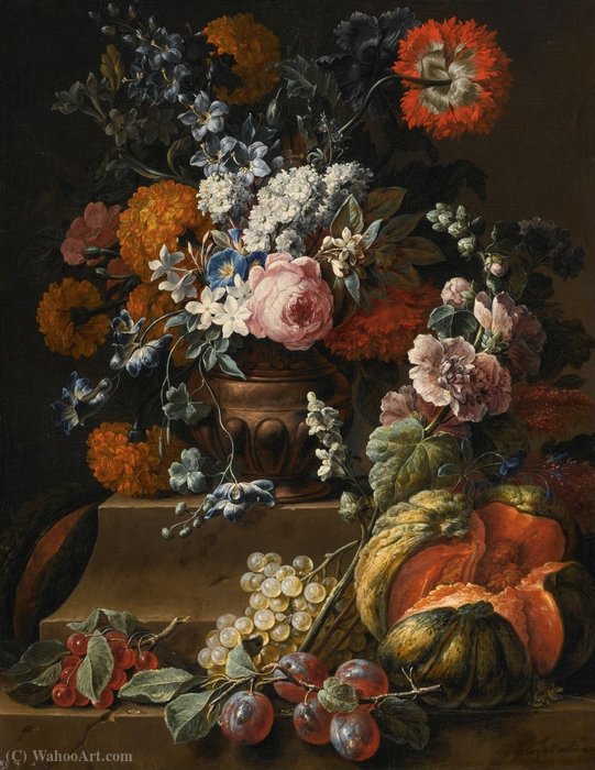 Still Life With Hollyhock, Carnations, And Various Flowers In A Vase — Gaspar Pieter The Younger Verbruggen