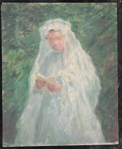 Portrait D'une Communiante Ou D'une Mariée Lisant, En Robe Blanche — Valentine Reyre